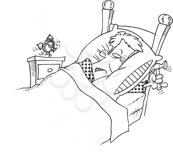 Royalty Free Clipart Image of a Man Waking to an Alarm