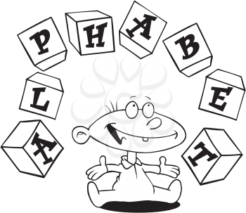Royalty Free Clipart Image of a Baby Juggling Blocks