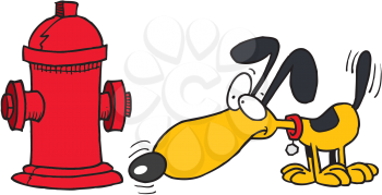 Royalty Free Clipart Image of a Dog Looking at a Hydrant