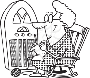 Royalty Free Clipart Image of a Woman Sitting Beside an Antique Radio