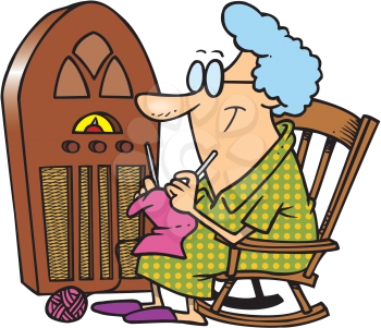 Royalty Free Clipart Image of an Older Woman Sitting Beside and Antique Radio