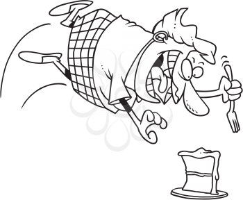 Royalty Free Clipart Image of a Woman Attacking a Piece of Cake