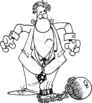 Royalty Free Clipart Image of a Man Tied to a Ball and Chain