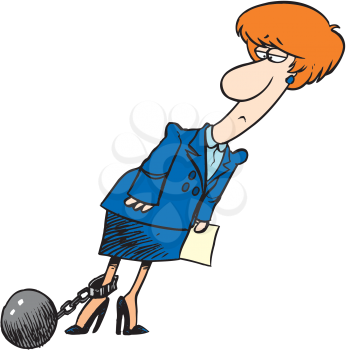 Royalty Free Clipart Image of a Woman Tied to a Ball and Chain