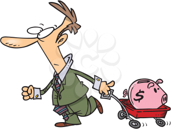 Royalty Free Clipart Image of a Man With a Wagon and a Piggy Bank