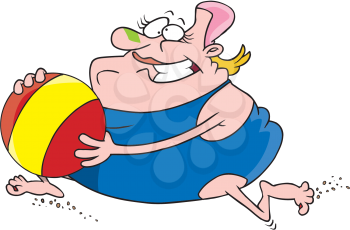 Royalty Free Clipart Image of an Overweight Woman With a Beach Ball