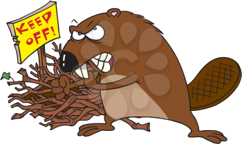 Royalty Free Clipart Image of a Beaver By a Dam With a Keep Off Sign