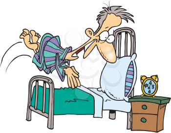Royalty Free Clipart Image of a Man Jumping in to Bed