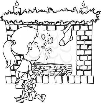 Royalty Free Clipart Image of a Little Girl Waiting by the Fireplace on Christmas Eve