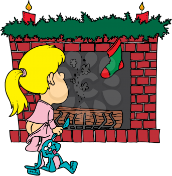 Royalty Free Clipart Image of a Little Girl Waiting by the Fireplace on Christmas Eve