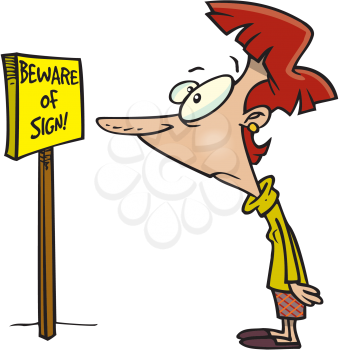 Royalty Free Clipart Image of a Woman Reading a Sign