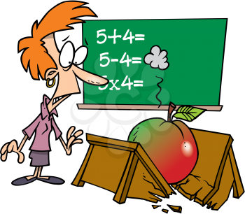 Royalty Free Clipart Image of a Big Apple Breaking a Teacher's Desk