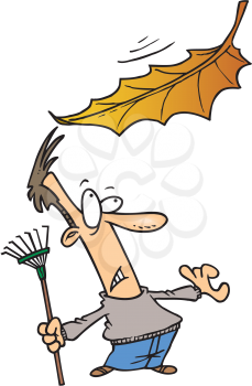 Royalty Free Clipart Image of a Big Leaf Falling on a Man Raking the Lawn