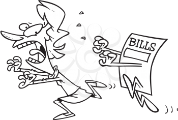 Royalty Free Clipart Image of a Woman Running From Bills