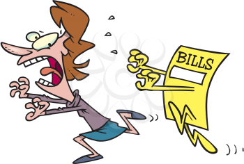 Royalty Free Clipart Image of a Woman Running From Bills