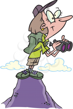 Royalty Free Clipart Image of a Woman on a Mountain With Binoculars