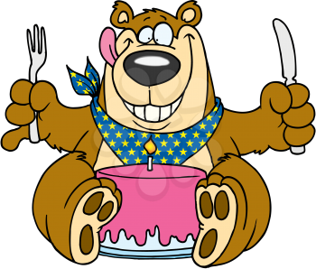 Royalty Free Clipart Image of a Bear Eating Cake