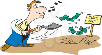 Royalty Free Clipart Image of a Money Shovelling Money Down a Hole