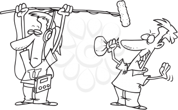 Royalty Free Clipart Image of Two Men Creating a Bang With a Bag and a Microphone