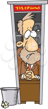 Royalty Free Clipart Image of a Man Working Out of a Phone Booth