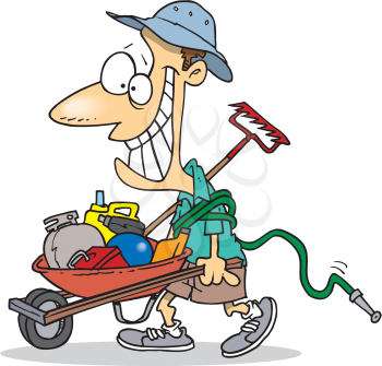 Royalty Free Clipart Image of a Man With Yard Tools