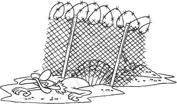 Royalty Free Clipart Image of a Turkey Escaping Under a Barbed Wire Fence