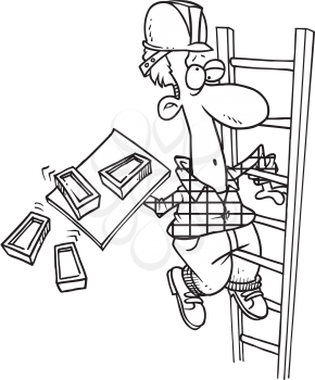 Royalty Free Clipart Image of a Mason Dropping Bricks While Climbing a Ladder
