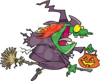 Royalty Free Clipart Image of Witch Riding a Broom