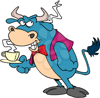 Royalty Free Clipart Image of a Bull With a Cup of Tea