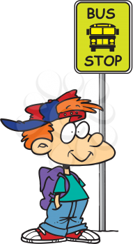Royalty Free Clipart Image of a Child at a Bus Stop