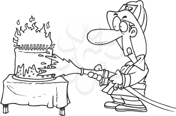 Royalty Free Clipart Image of a Firefighter Putting Out a Birthday Cake