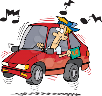 Royalty Free Clipart Image of a Man Listening to a Car Radio