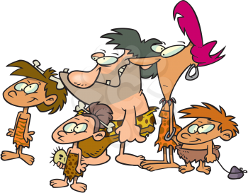 Royalty Free Clipart Image of a Family of Cave People