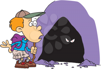 Royalty Free Clipart Image of a Boy Looking in a Cave
