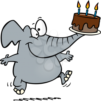Royalty Free Clipart Image of an Elephant Holding a Birthday Cake