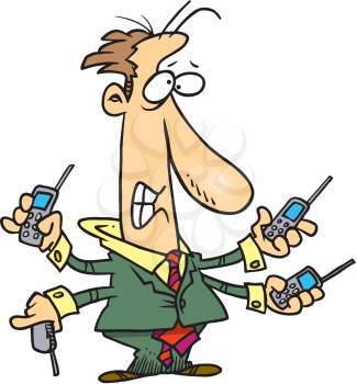 Royalty Free Clipart Image of a Man With Four Arms and Four Cellphones