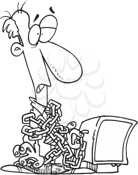 Royalty Free Clipart Image of a Man Chained to a Computer