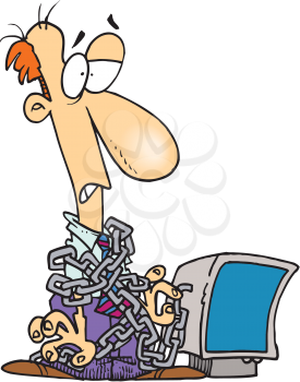 Royalty Free Clipart Image of a Man Chained to a Computer