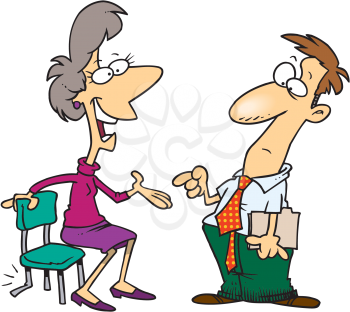 Royalty Free Clipart Image of a Man Warning a Woman She's About to Sit on a Broken Chair