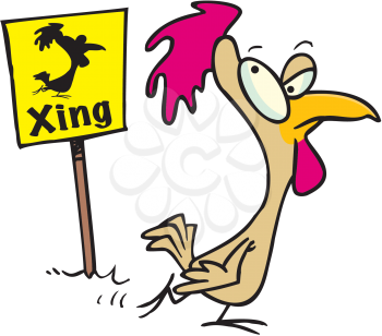 Royalty Free Clipart Image of a Chicken Crossing the Road