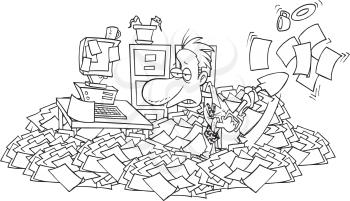 Royalty Free Clipart Image of a Man Buried in Clutter