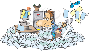 Royalty Free Clipart Image of a Man Surrounded by Clutter