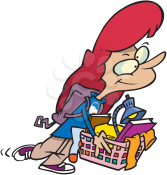 Royalty Free Clipart Image of a Girl Wearing a Backpack and Carrying Laundry