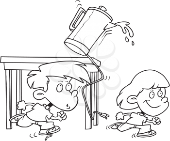 Royalty Free Clipart Image of Children and a Spilling Coffee Pot