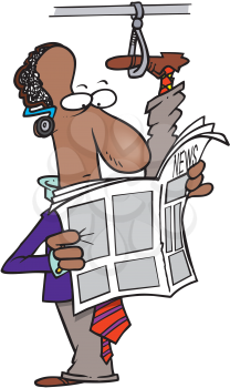 Royalty Free Clipart Image of a Man With His Leg on the Bus Hook While Reading