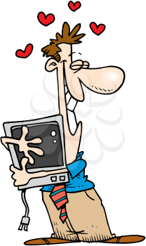 Royalty Free Clipart Image of a Man Hugging a Computer