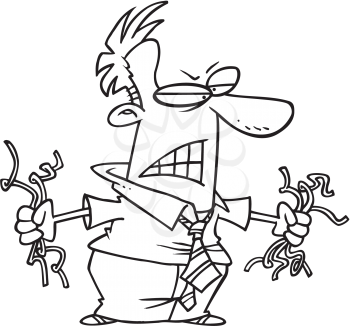 Royalty Free Clipart Image of a Very Angry Man Holding Computer Wires