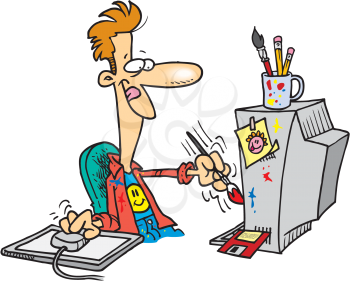 Royalty Free Clipart Image of a Man Painting a Computer