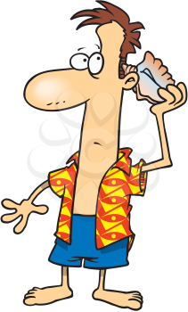 Royalty Free Clipart Image of a Man Listening to a Conch