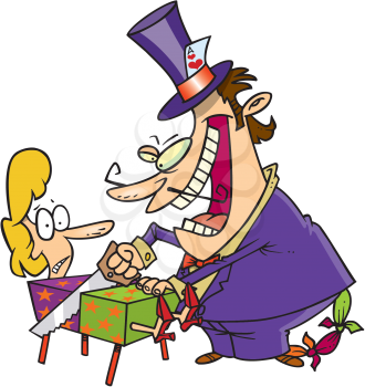 Royalty Free Clipart Image of a Magician Sawing a Woman in Half